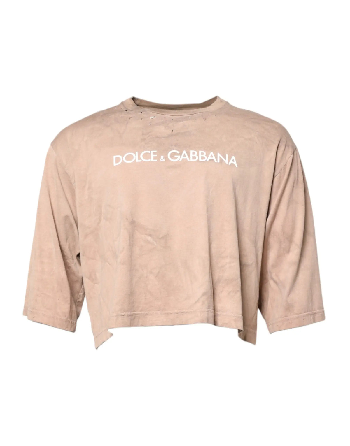 Beige dolce & gabbana t-shirt cropped en coton avec logo blanc et détails usés style tie dye