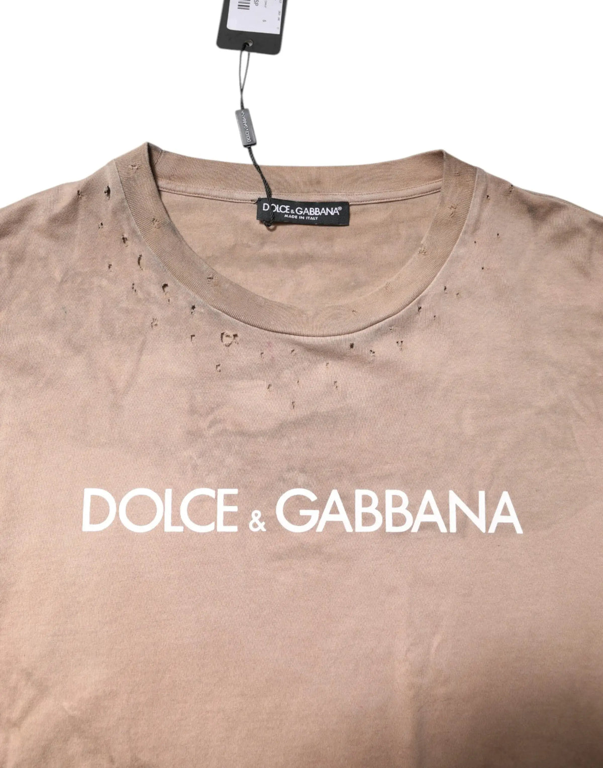 T-shirt beige dolce & gabbana cropped avec logo blanc et détails usés en tie dye