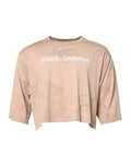 Beige dolce & gabbana cropped t-shirt with white logo print and distressed details in tie dye fabric