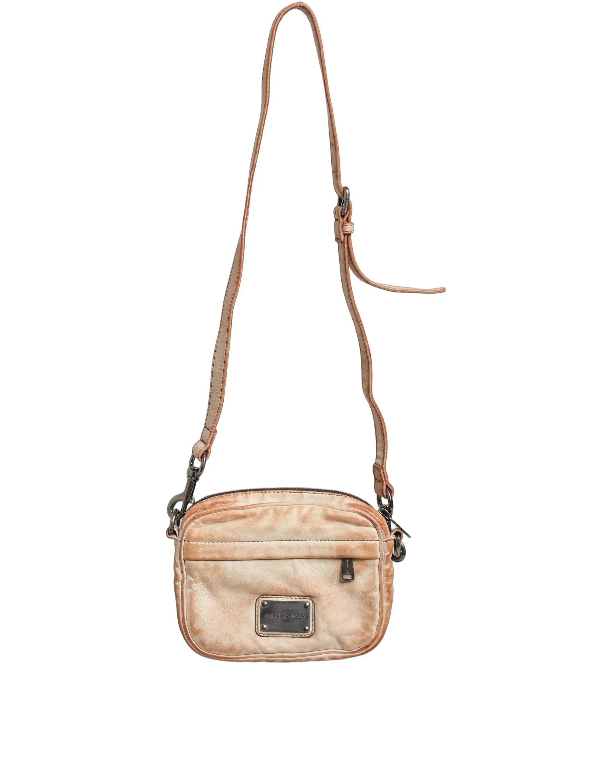 Sac bandoulière beige dolce & gabbana en nylon avec bride réglable et plaque métallique vintage sur le devant
