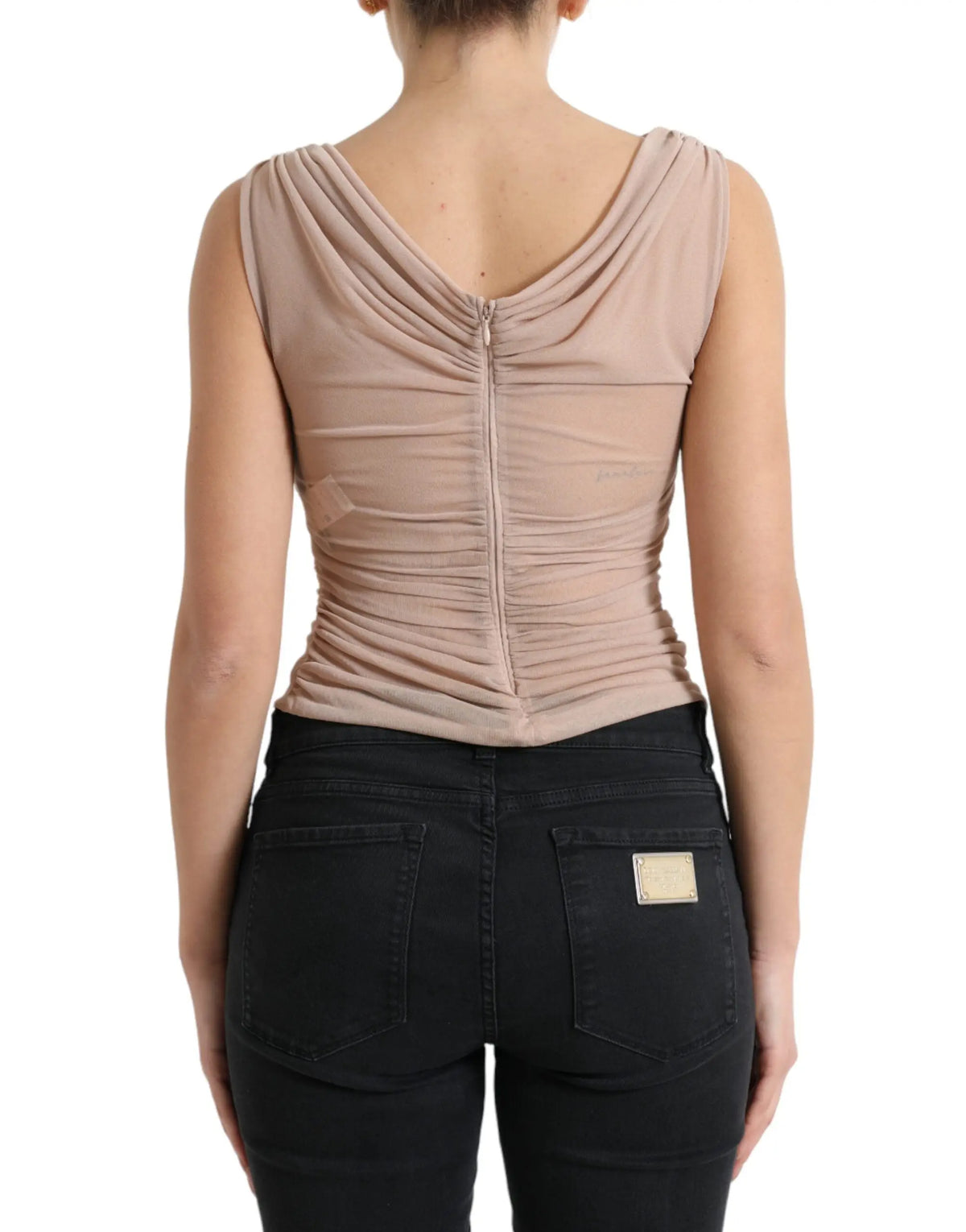 Débardeur beige dolce gabbana en viscose avec col en v et dos à fermeture éclair, sans manches avec effet froncé