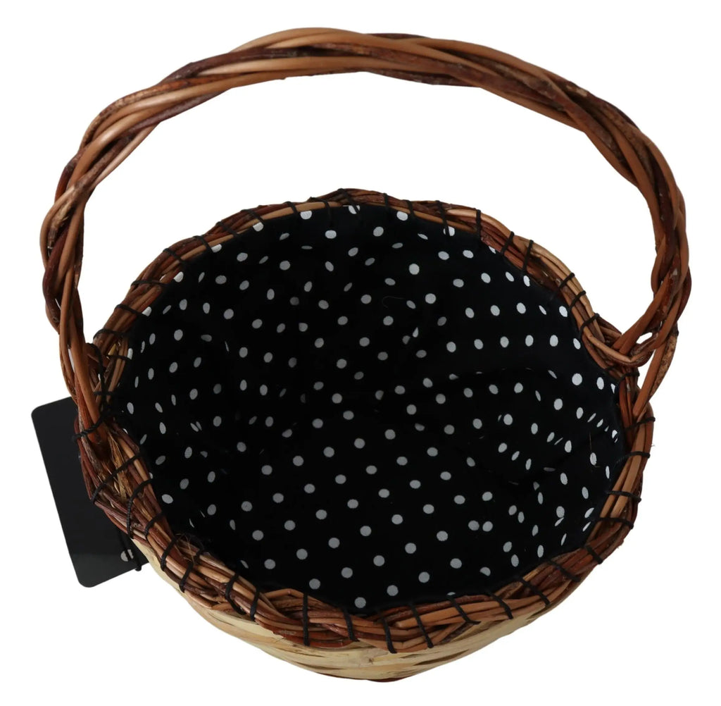 Panier cabas en rotin beige dolce gabbana avec intérieur noir à pois blancs