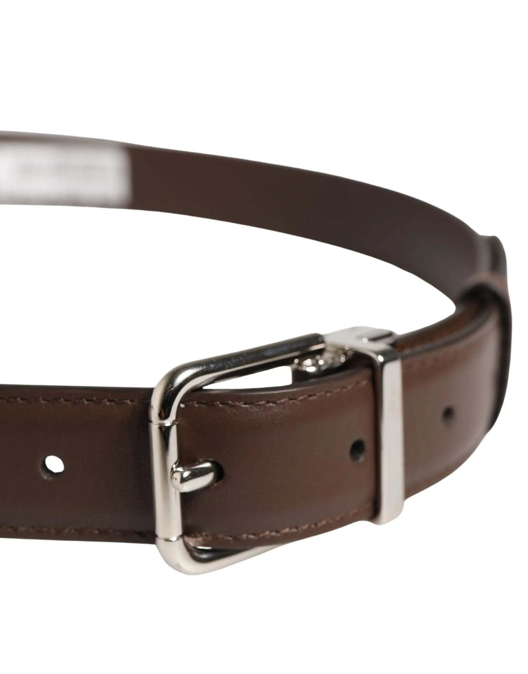 Brown leather belt for men with polished silver toned buckle by dolce & gabbana classic metal buckle belt