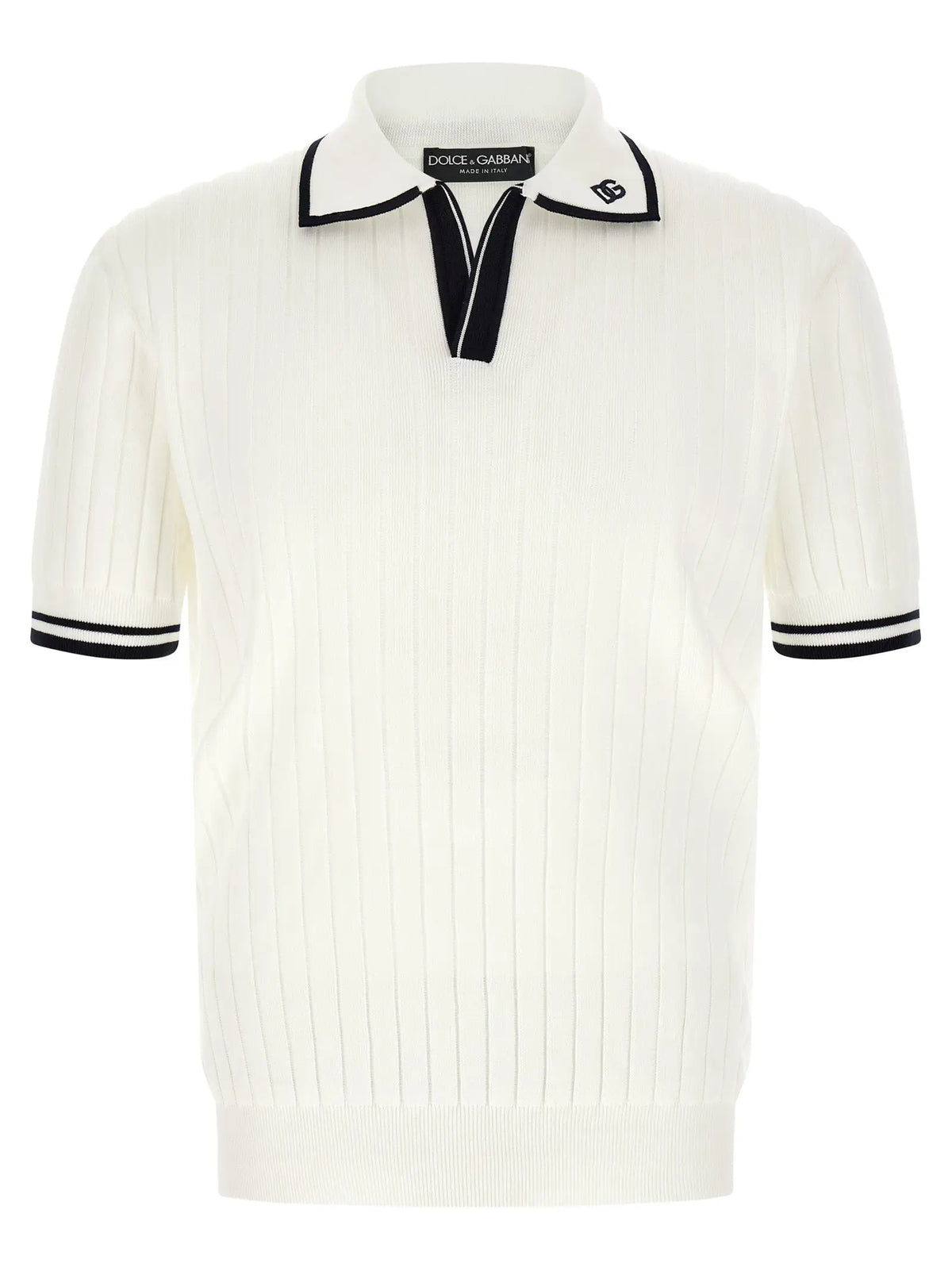 Polo en coton blanc à côtes avec col et manches noirs signé dolce gabbana au niveau de lencolure