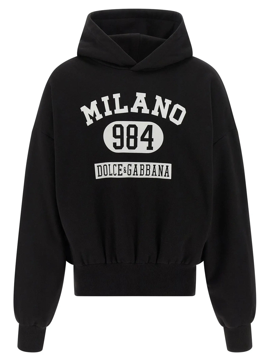 Dolce & Gabbana sweatshirt bicolore en coton noir avec inscription milano 984 blanche sur la poitrine