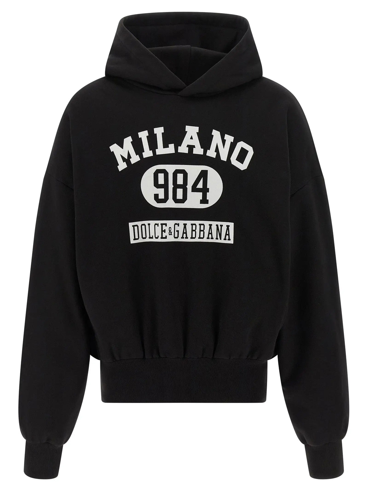Dolce & Gabbana sweatshirt bicolore en coton noir avec inscription milano 984 blanche sur la poitrine