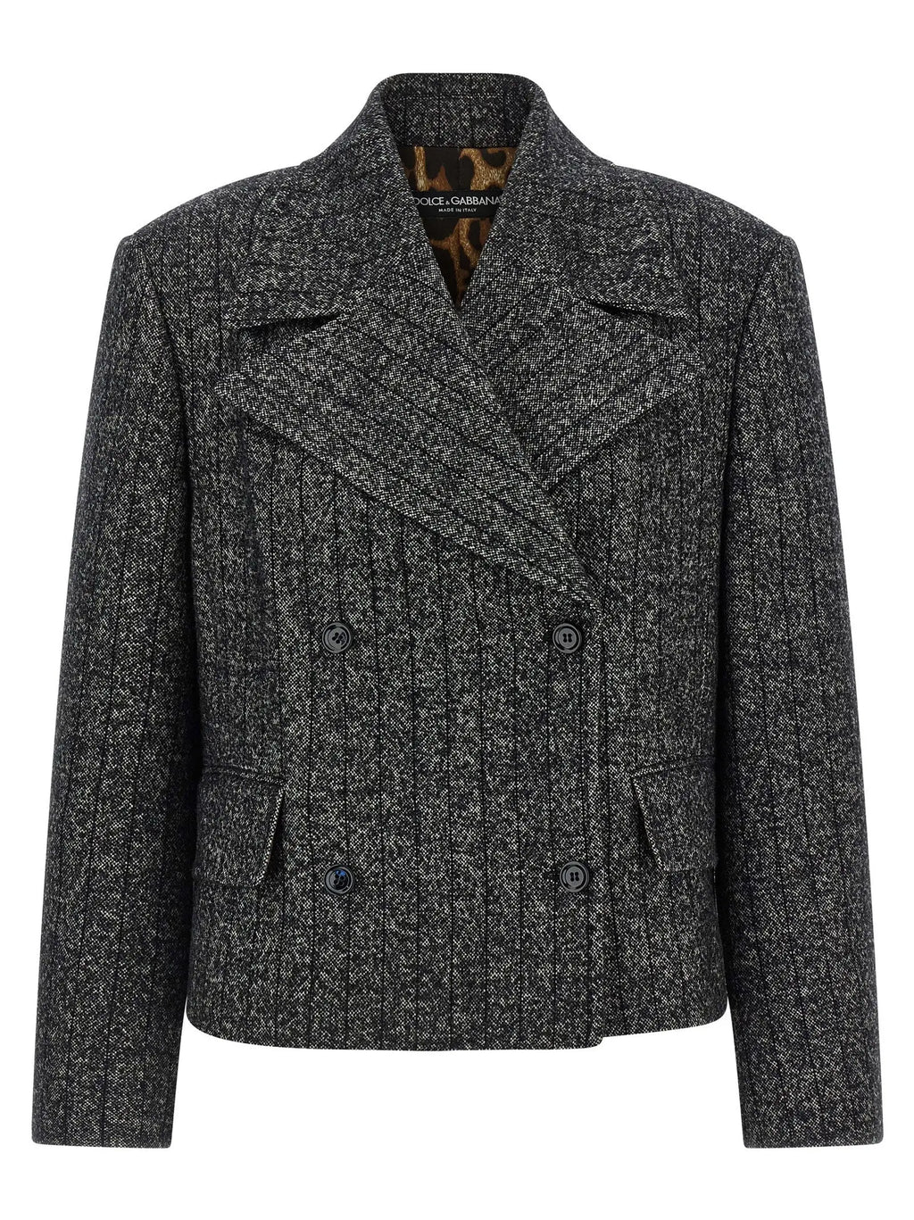 Blazer dolce & gabbana bicolor en mélange laine gris foncé à tweed texturé et col cranté double boutonnage