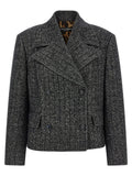 Blazer dolce & gabbana bicolor en mélange laine gris foncé à tweed texturé et col cranté double boutonnage