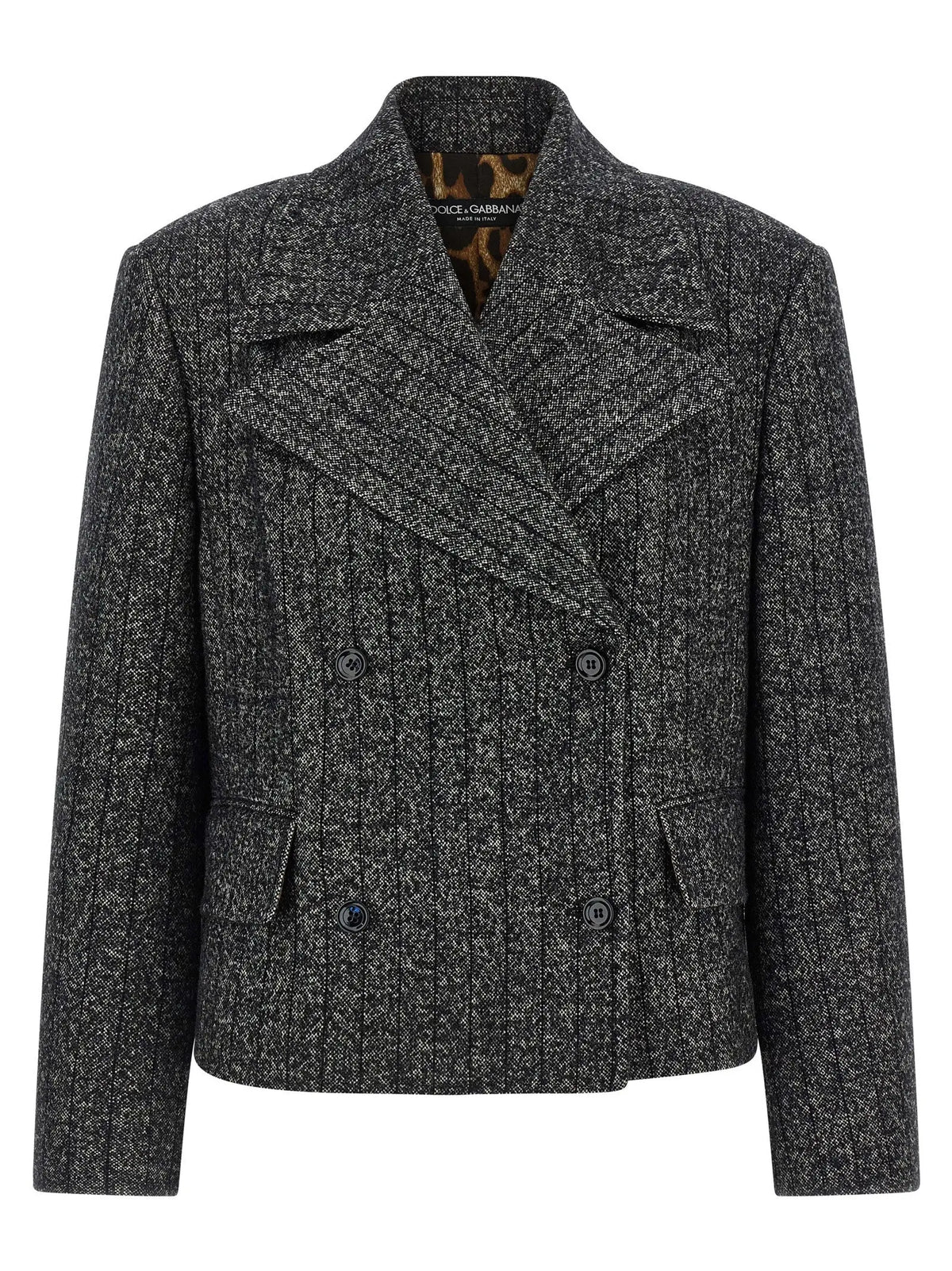 Blazer dolce & gabbana bicolor en mélange laine gris foncé à tweed texturé et col cranté double boutonnage