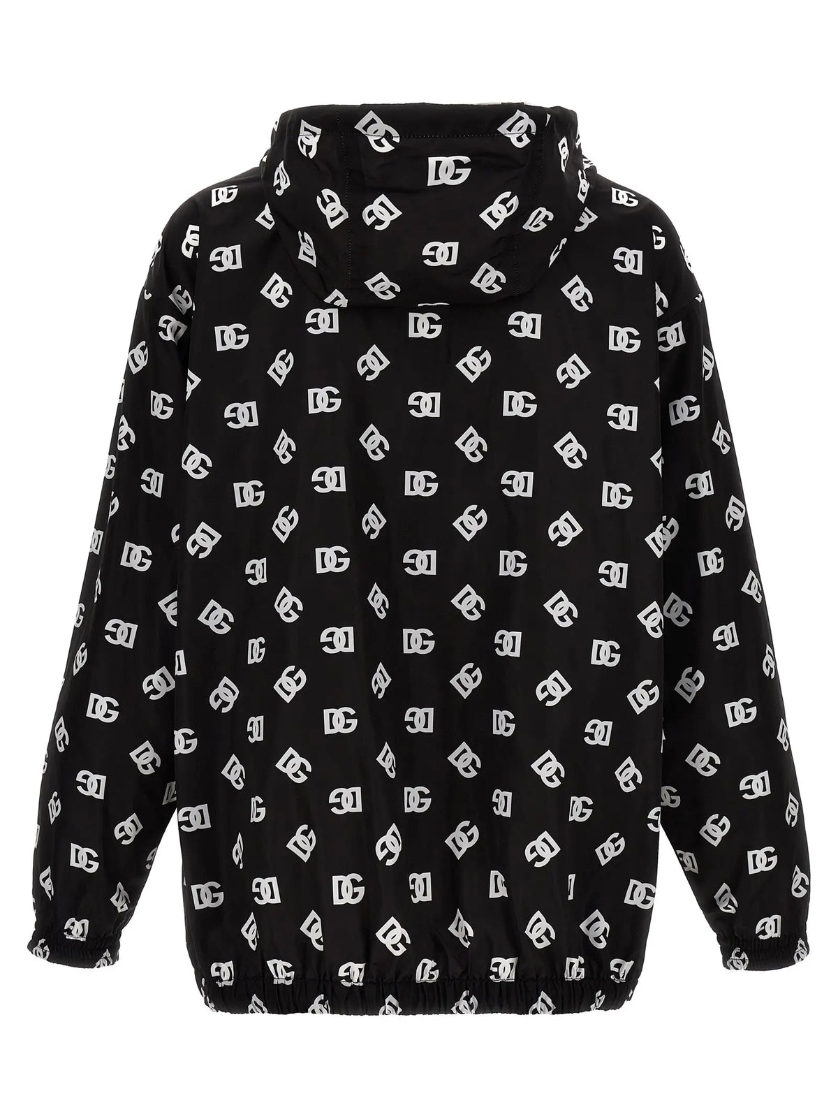 Veste noire à capuche dolce & gabbana en polyester bicolore avec motif répétitif blanc dc sur tout le vêtement