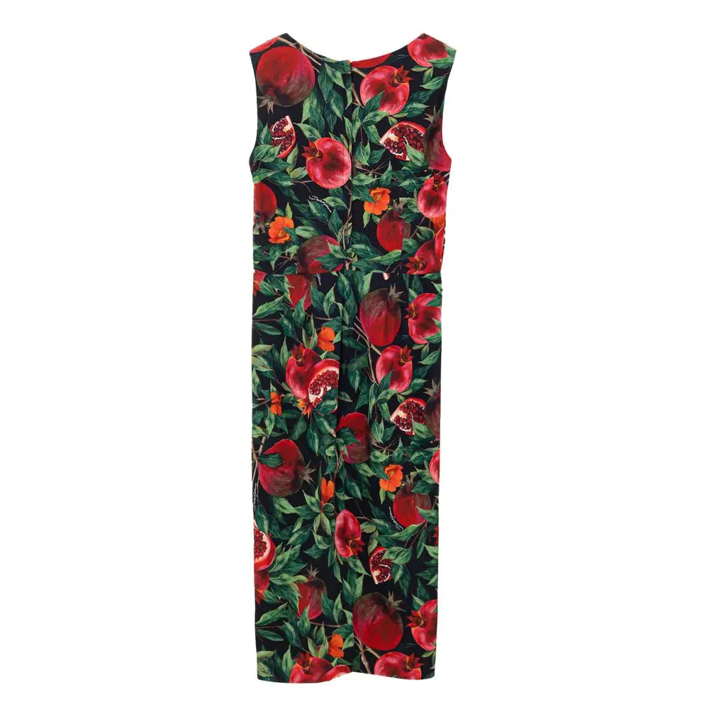 Robe longue sans manches dolce gabbana en viscose bicolore avec imprimé grenade rouge et vert sur fond noir