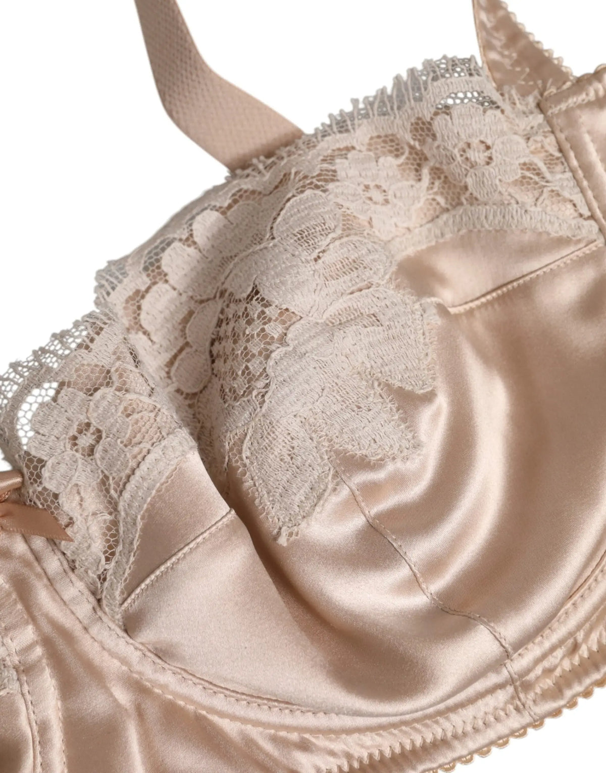Beige satin bra with delicate lace detailing along the edges dolce & gabbana beige silk underwired balconette bra