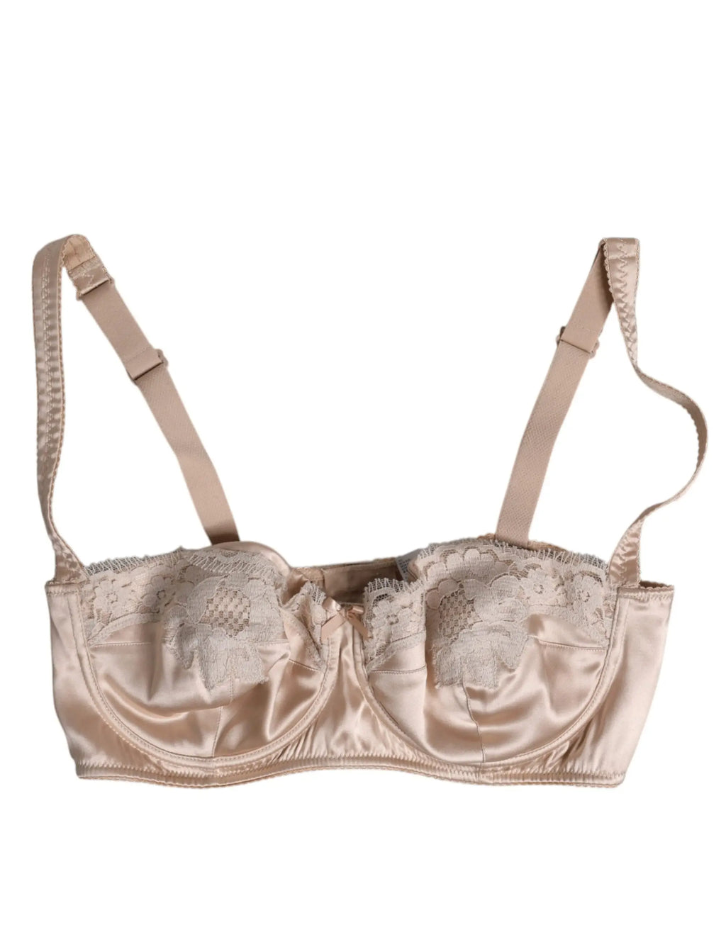 Beige satin balconette bra with floral lace detailing and adjustable straps by dolce & gabbana silk underwear