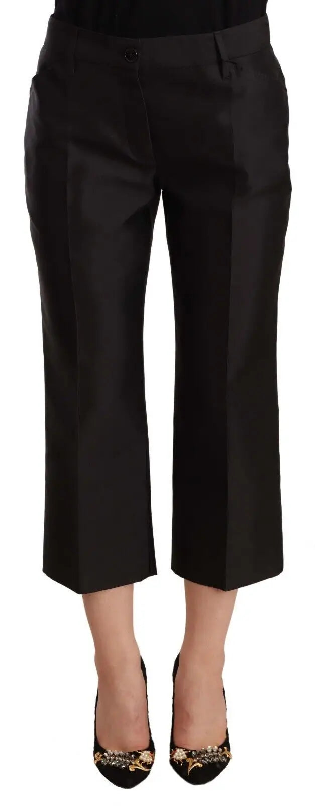 Pantalon court noir dolce & gabbana en soie 100% avec coupe évasée et plis subtils à l’avant