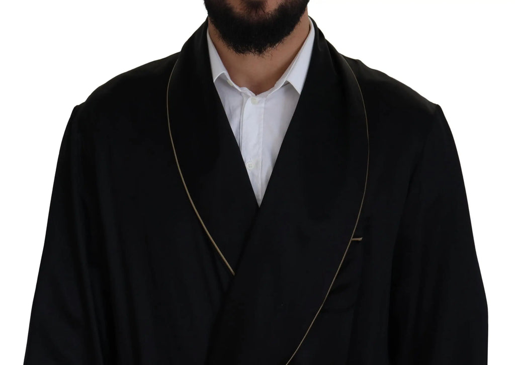 Robe manteau dolce & gabbana noire en velours 100 pour cent soie avec revers bordés d’or