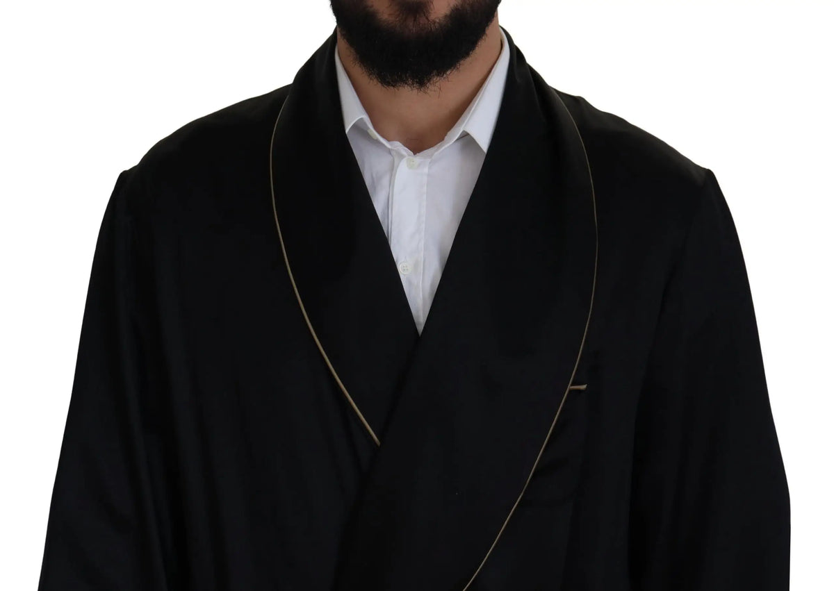 Robe manteau dolce & gabbana noire en velours 100 pour cent soie avec revers bordés d’or