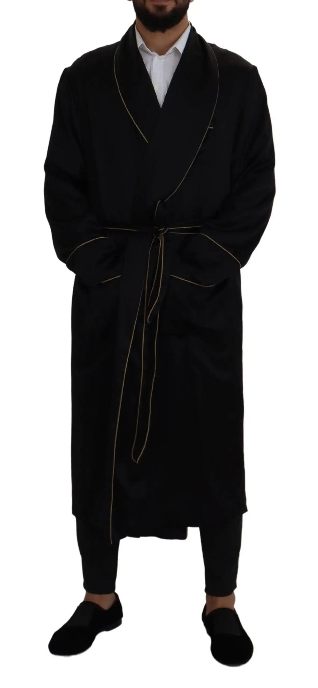 Dolce & gabbana robe noire en velours 100% soie avec bordure dorée et ceinture assortie.webp