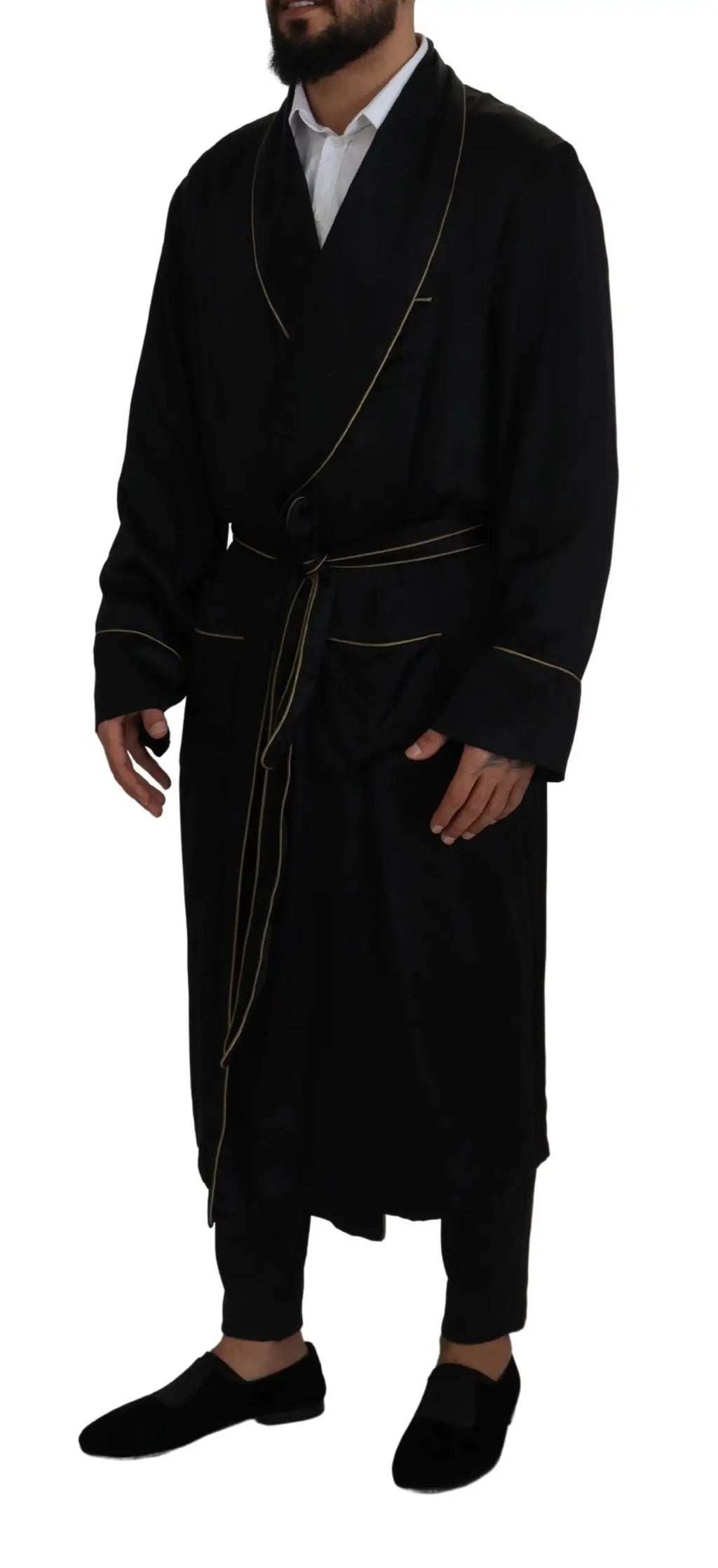 Robe noire dolce gabbana en soie 100 pour cent avec bordure dorée élégante pour femme