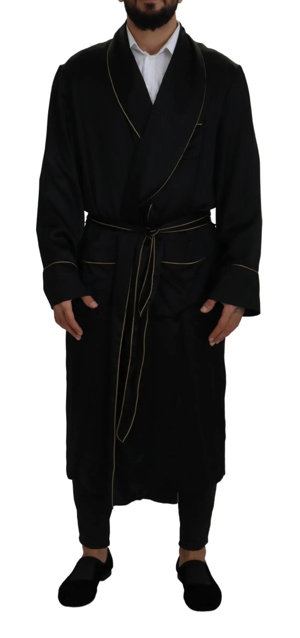 Robe noire dolce & gabbana en satin 100 coton avec bordure dorée et ceinture assortie