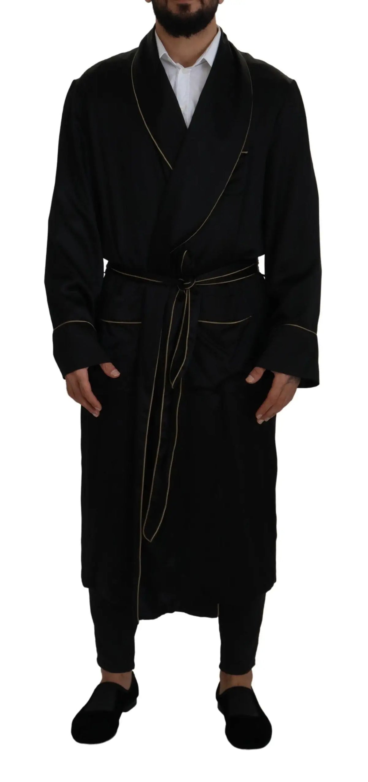 Robe noire dolce & gabbana en satin 100 coton avec bordure dorée et ceinture assortie