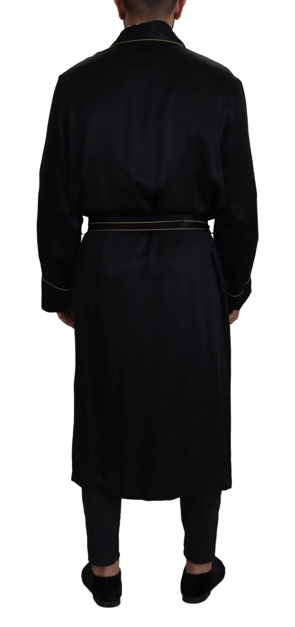 Dolce & gabbana robe noire en satin 100% soie avec bordure dorée col, poignets et ceinture
