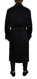 Dolce & gabbana robe noire en satin 100% soie avec bordure dorée col, poignets et ceinture