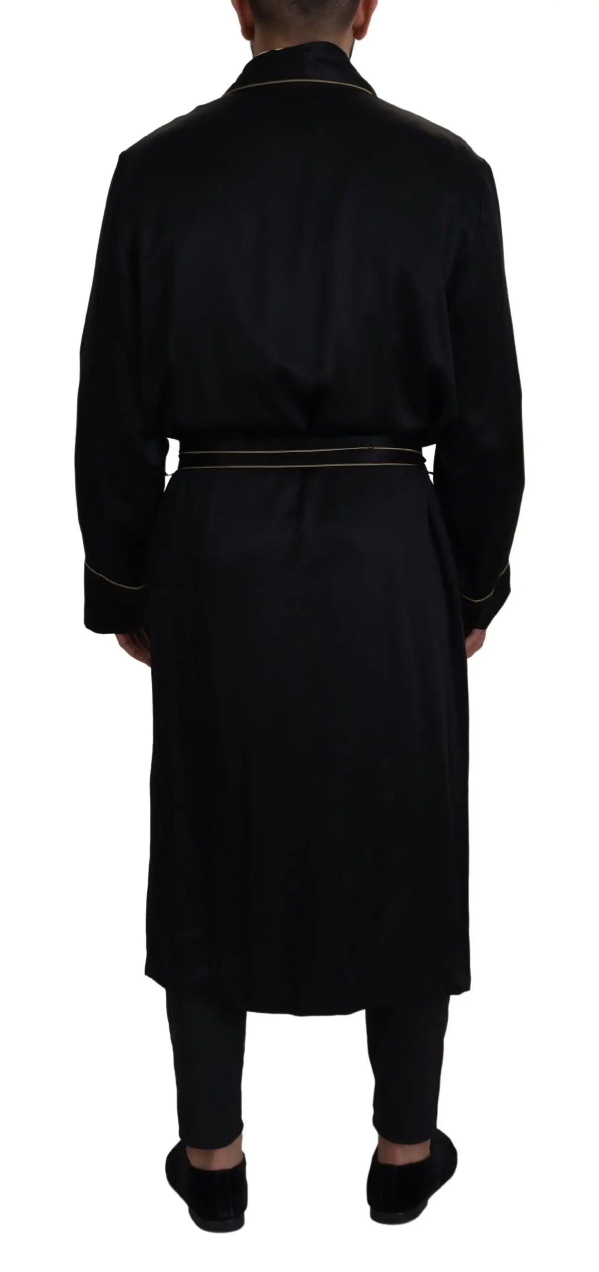 Dolce & gabbana robe noire en satin 100% soie avec bordure dorée col, poignets et ceinture
