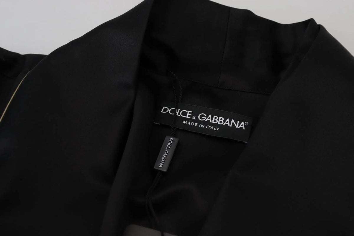 Dolce & gabbana black 100% silk robe coat wrap jacket with sleek satin finish and subtle gold trim on collar