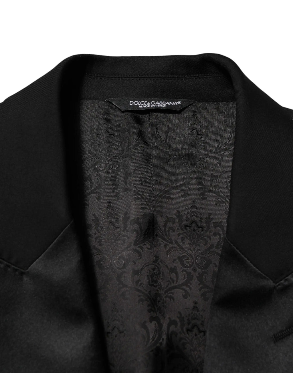 Dolce & gabbana veste noire 2 boutons avec extérieur en satin et doublure damas élégante pour costume formel