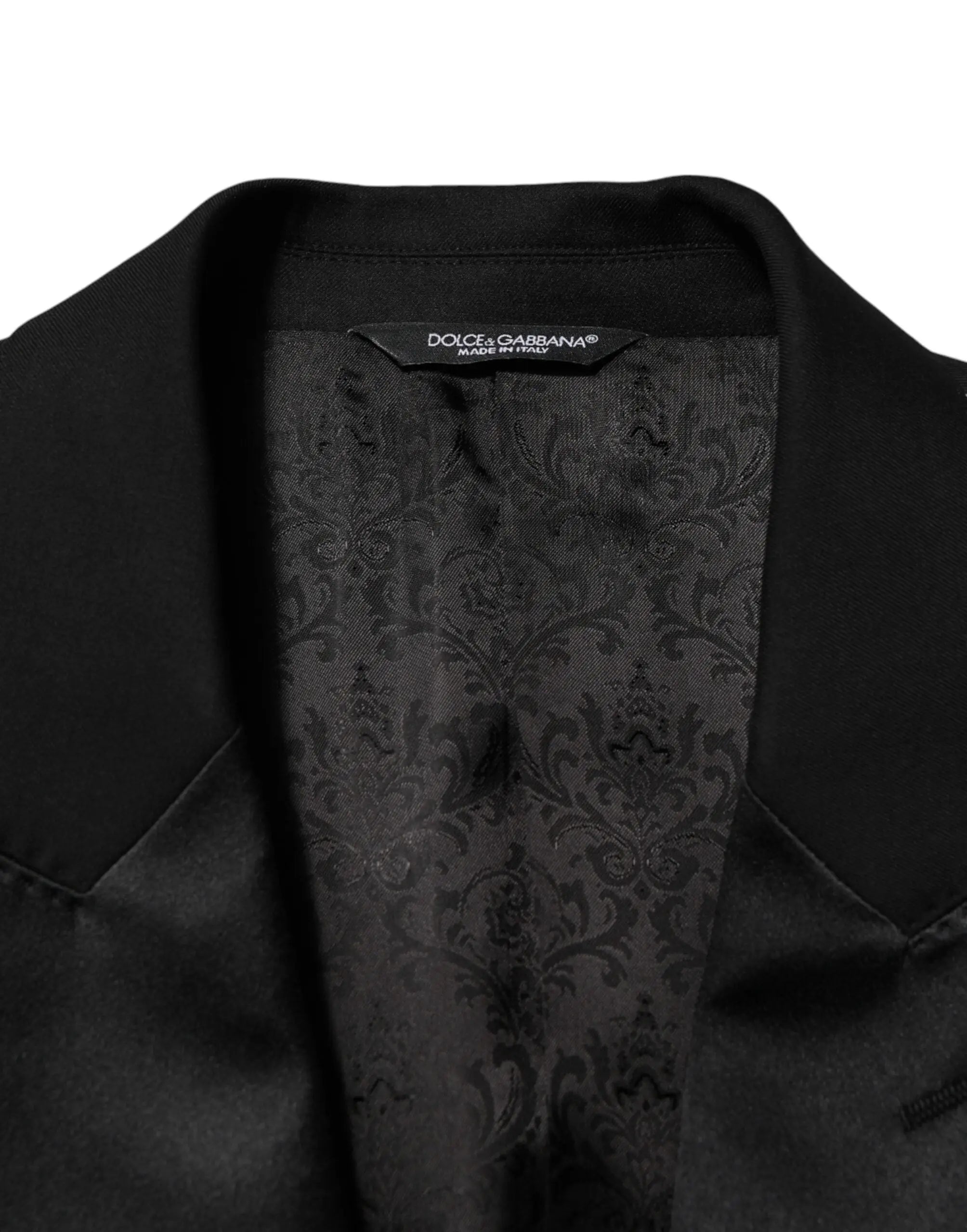 Dolce & gabbana veste noire 2 boutons avec extérieur en satin et doublure damas élégante pour costume formel