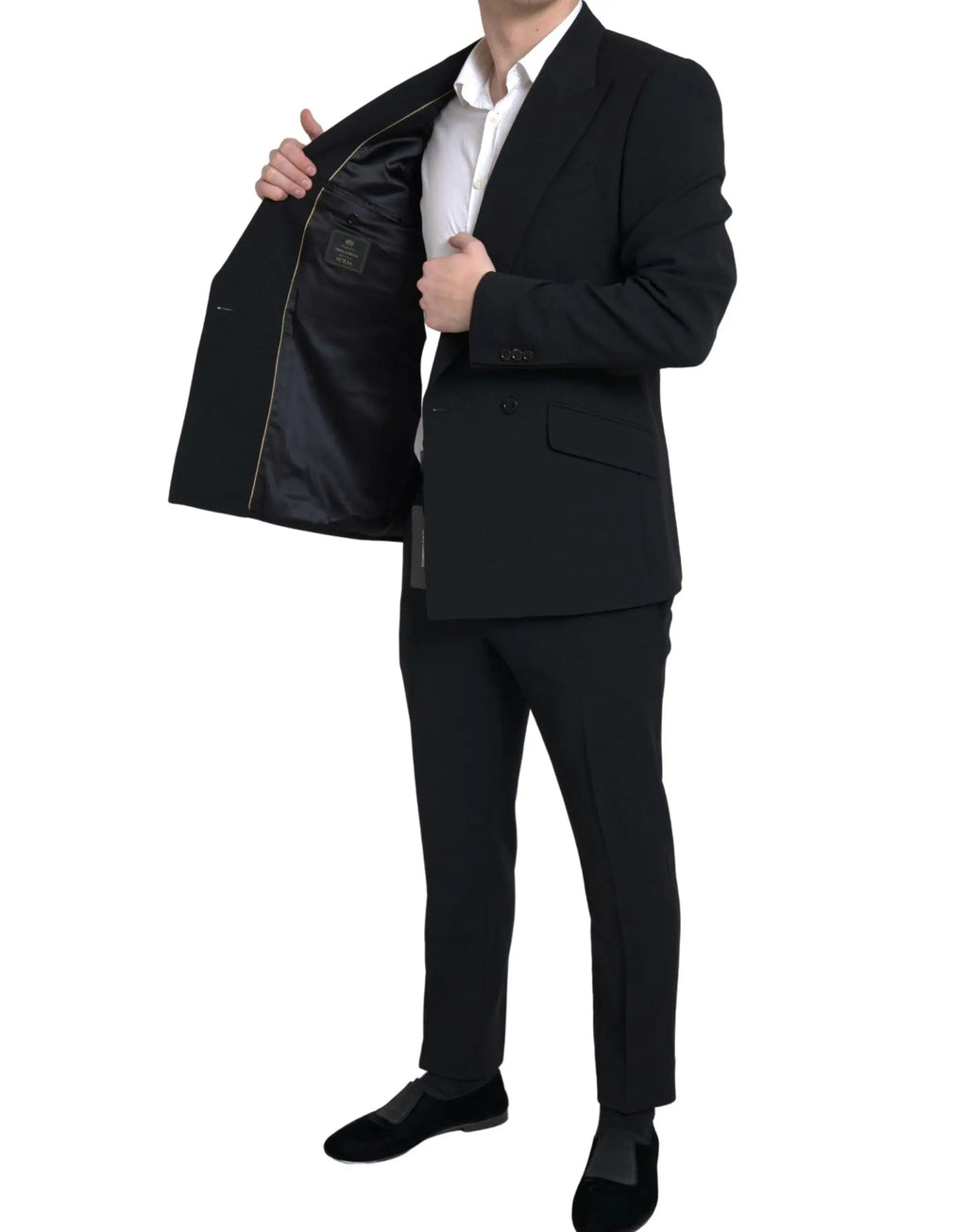 Dolce & gabbana costume sicilia noir deux pièces avec veste croisée ajustée et doublure intérieure dorée subtile