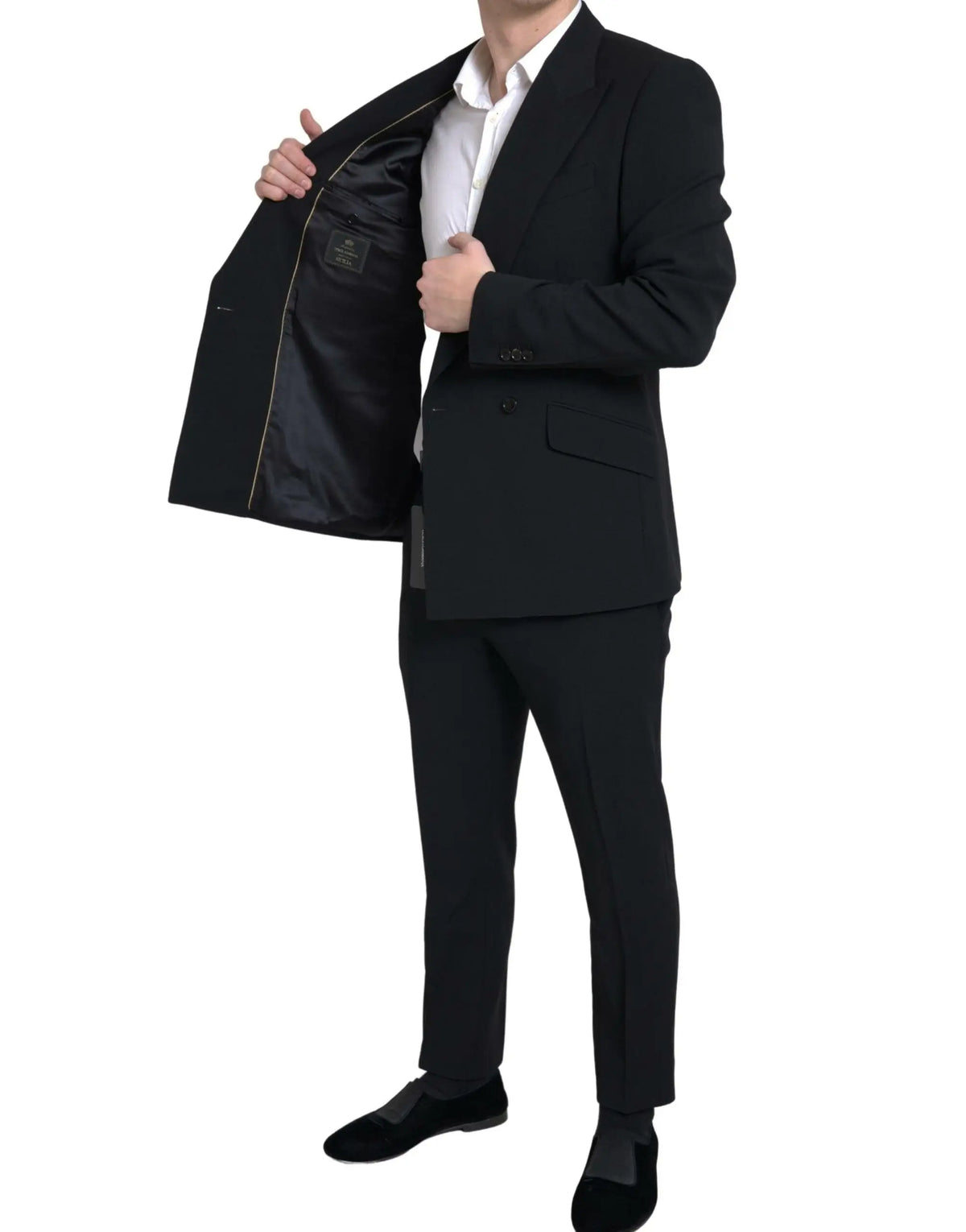 Dolce & gabbana costume sicilia noir deux pièces avec veste croisée ajustée et doublure intérieure dorée subtile