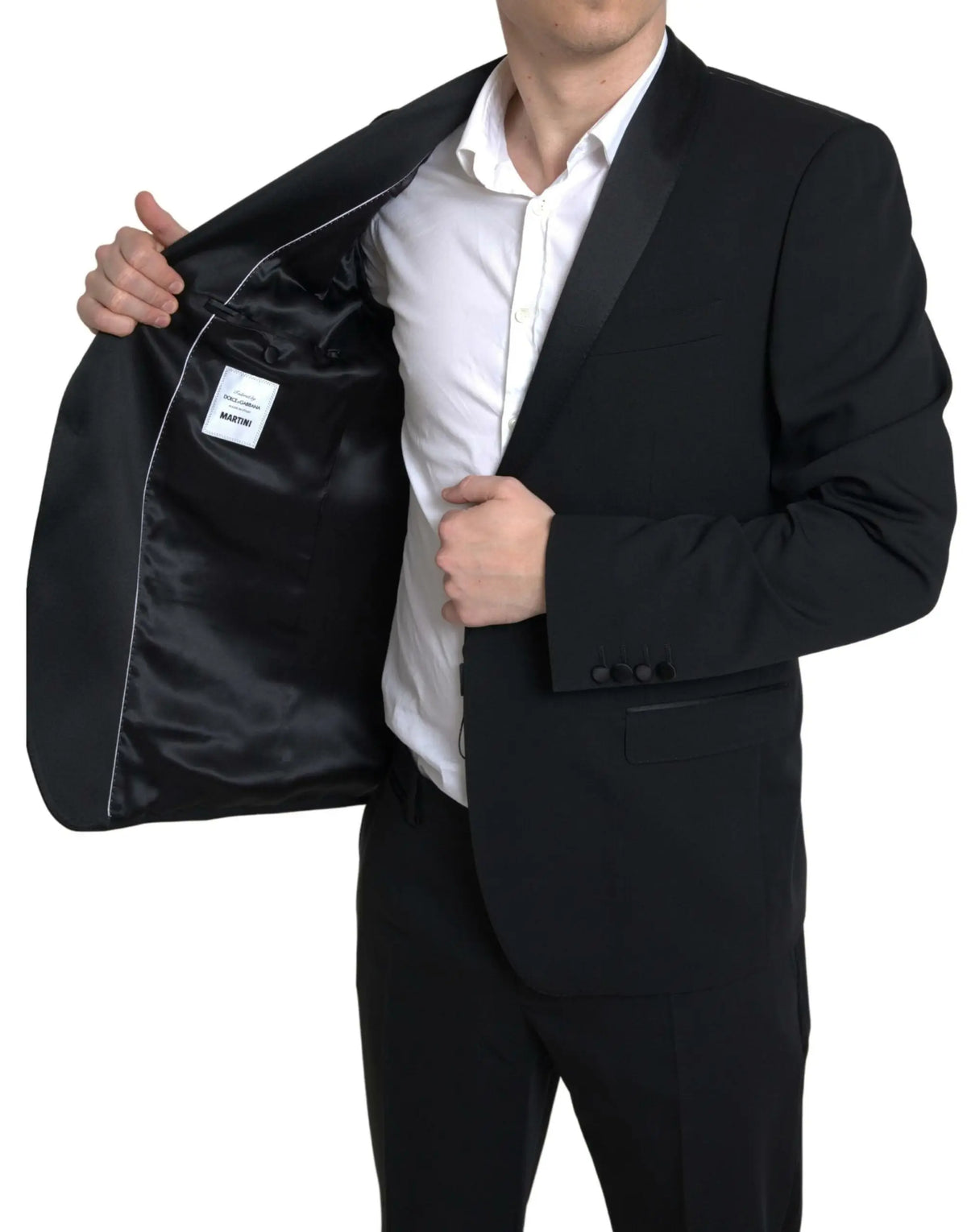 Veste de smoking noire dolce & gabbana en satin avec doublure satinée et étiquette blanche à l’intérieur du col