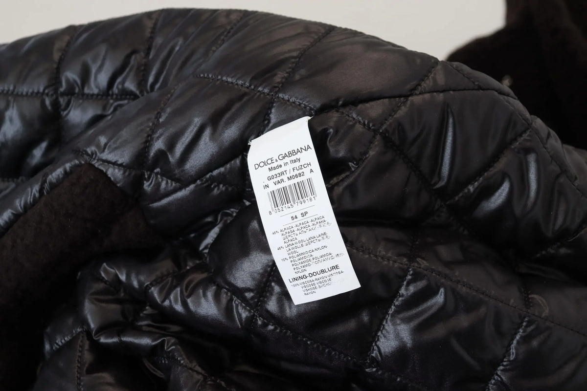 Dolce gabbana black alpaca button down trench coat jacket with glossy quilted puffer design and visible stitching