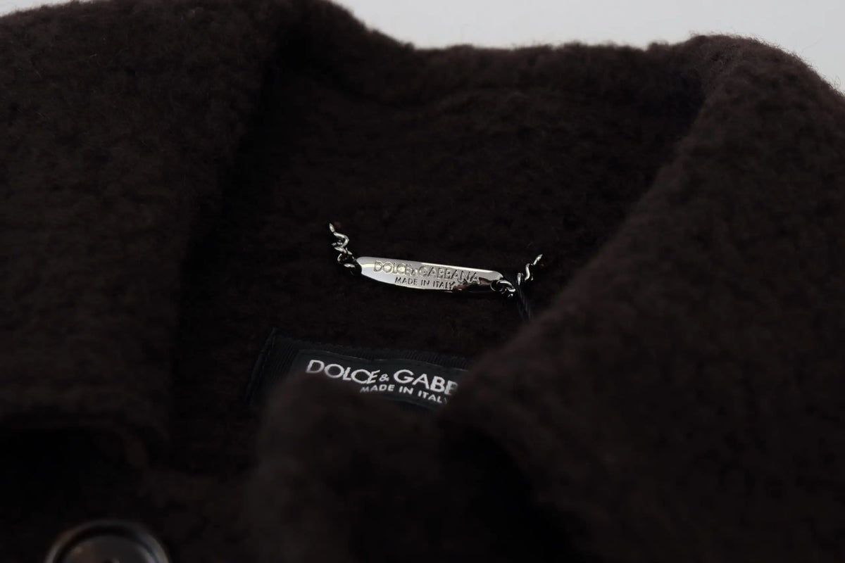 Manteau trench dolce gabbana noir en alpaga avec étiquette en tissu noir et chaîne argentée portant le logo