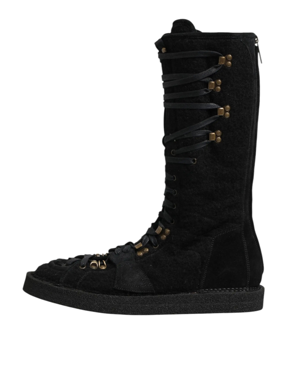 Dolce & gabbana bottes mi-mollet en daim noir avec laine alpaga et œillets en métal doré et lacets
