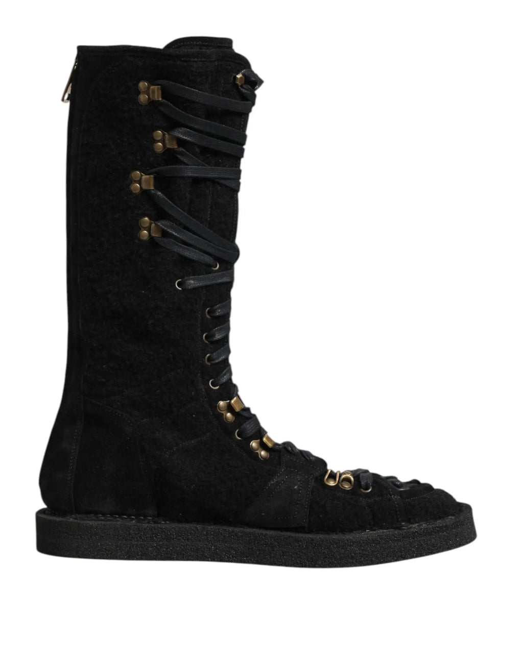 Bottes mi-mollet en daim noir dolce & gabbana avec œillets dorés et lacets style combat en laine alpaga