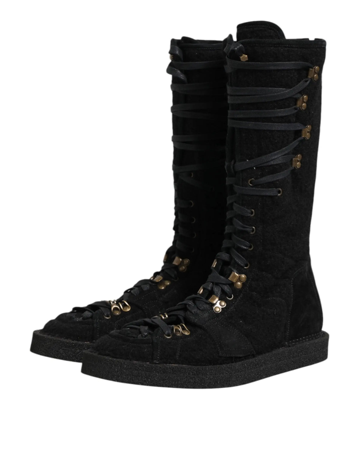 Bottes mi-mollet dolce & gabbana en daim noir alpaga avec lacets noirs et œillets métalliques dorés