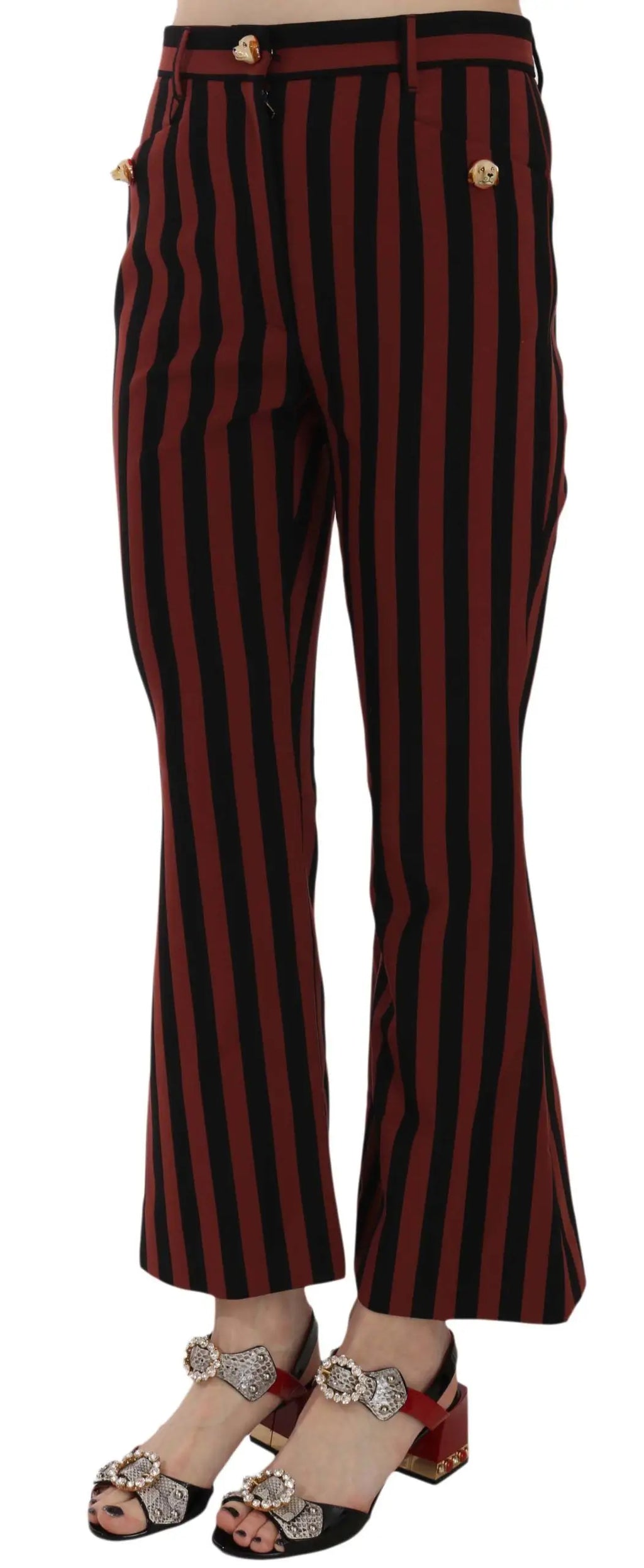 Pantalon flare raccourci dolce gabbana rayures noires et amarante avec boutons dorés