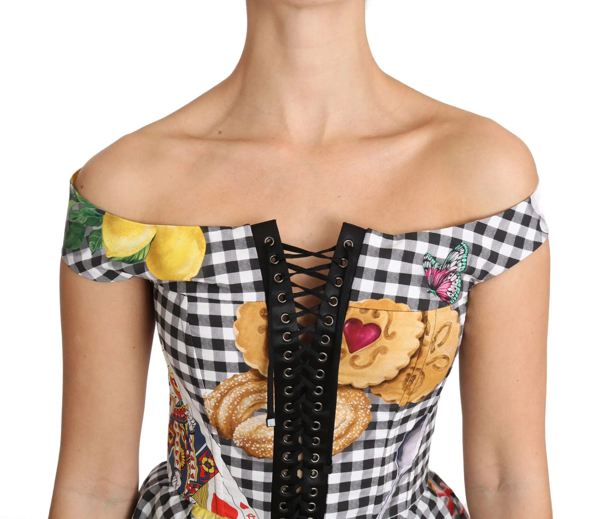 Blouse corset dolce & gabbana noire et blanche avec imprimés citron et cookies et laçage devant
