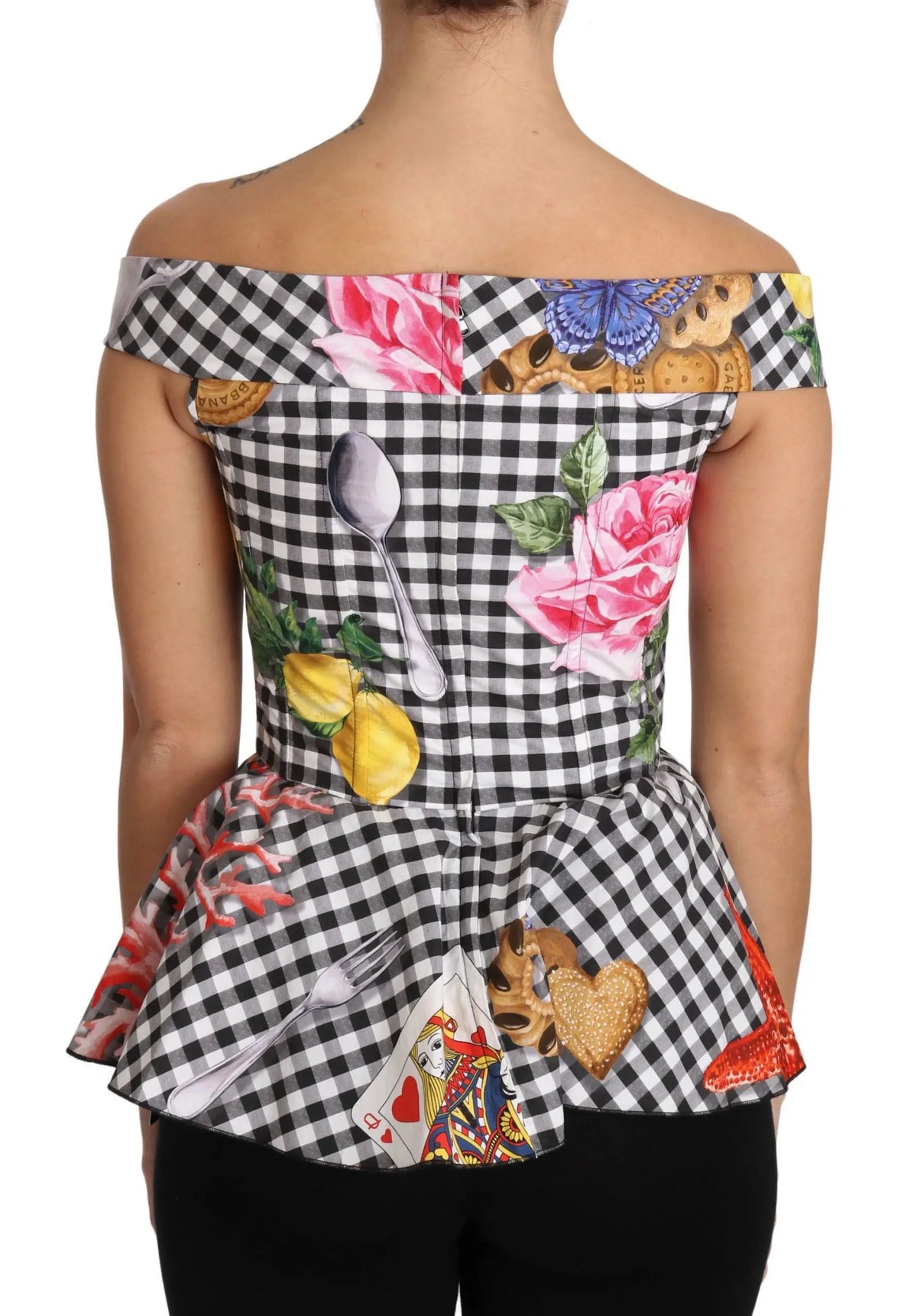 Dolce & Gabbana blouse corset noire et blanche à carreaux sicile avec top volanté et motifs roses et citrons