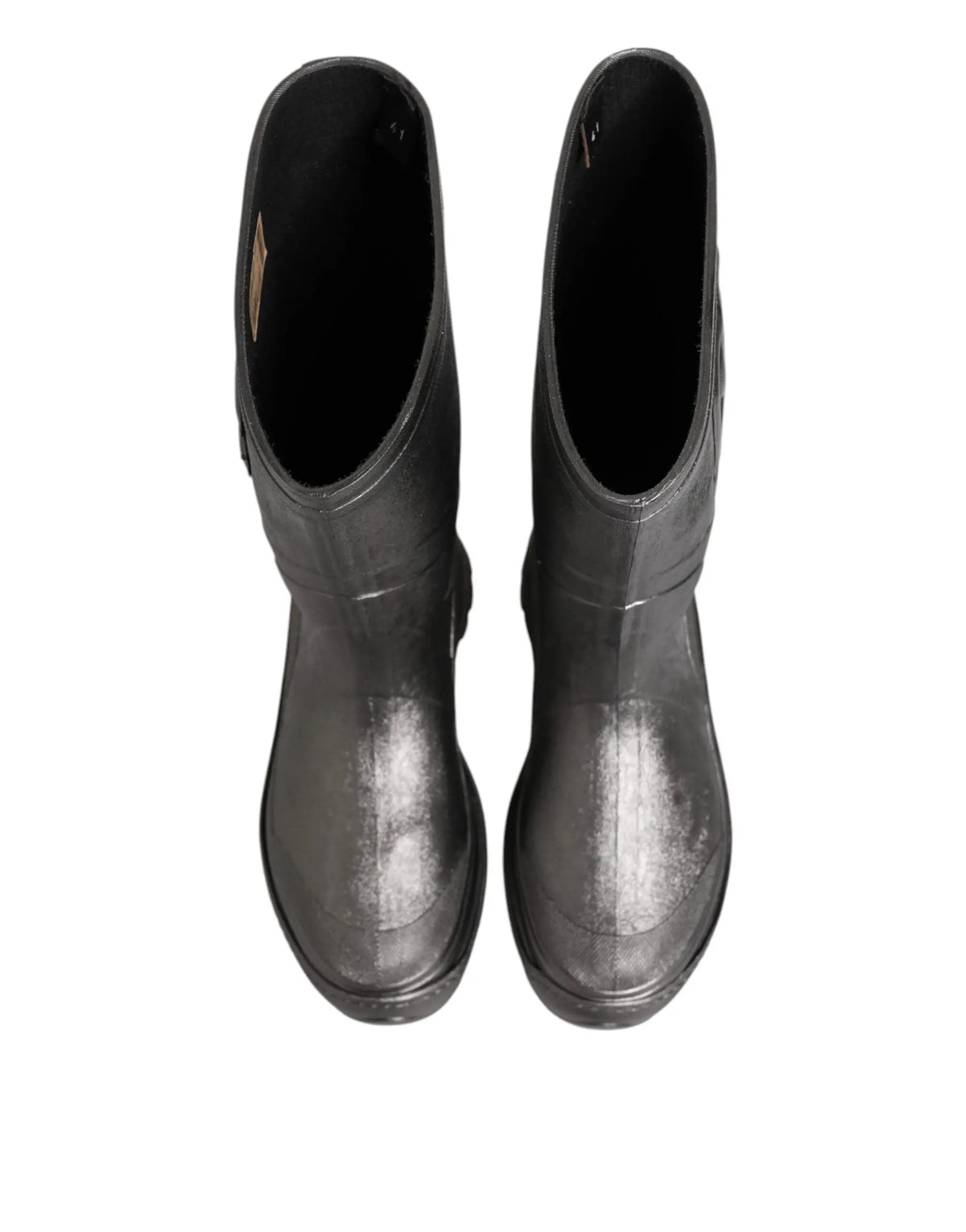 Bottes de pluie dolce & gabbana noires en caoutchouc brillant avec des éclaboussures blanches subtiles sur les orteils