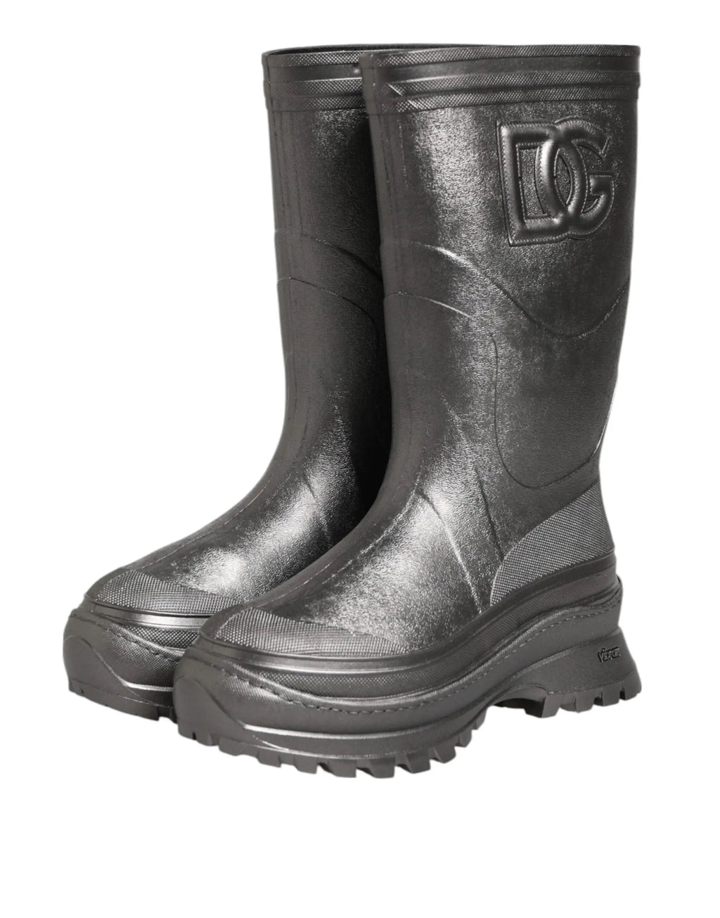 Bottes de pluie noires dolce gabbana argento en caoutchouc brillant avec logo dc embossé sur le côté