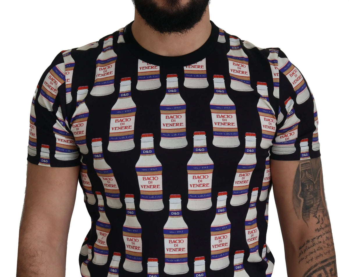 T-shirt dolce & gabbana noir en coton à manches courtes avec motif bouteilles bacio di venere rouges et bleues