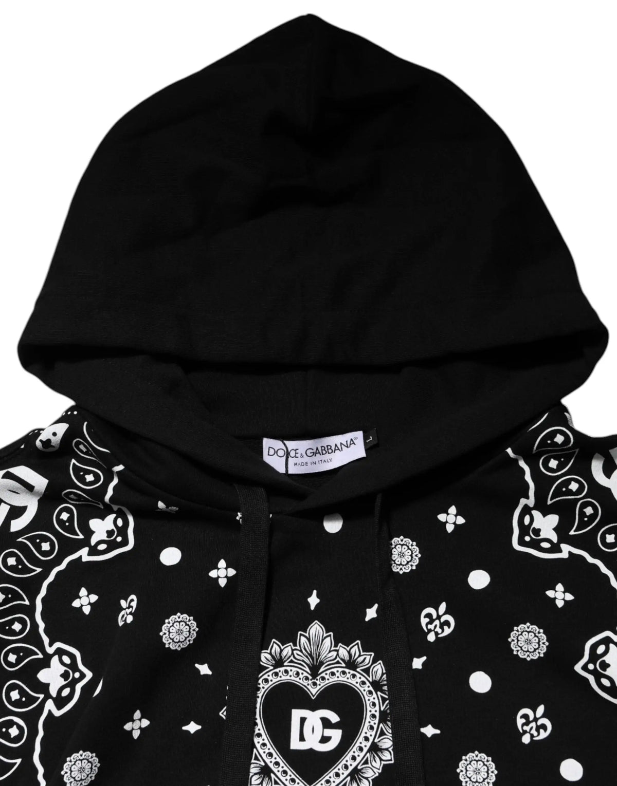 Dolce gabbana sweat à capuche noir pour homme avec imprimé bandana blanc et logo dg cœur central