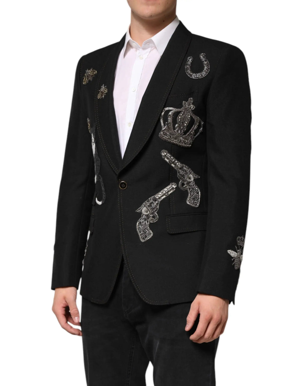 Dolce & Gabbana blazer noir en laine orné de sequins argentés motifs couronnes pistolets et fers à cheval