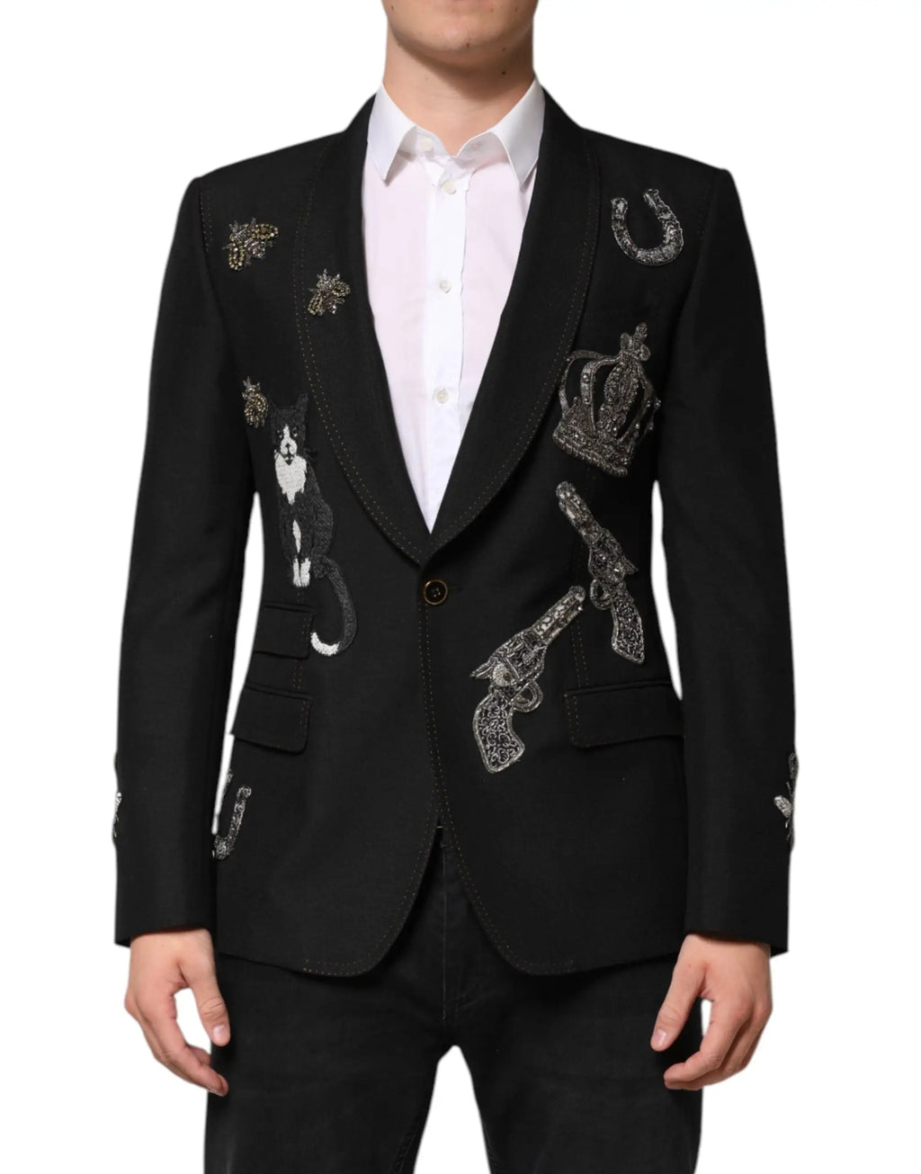 Dolce & gabbana blazer noir en laine avec embellissements argentés de chats, couronnes et pistolets