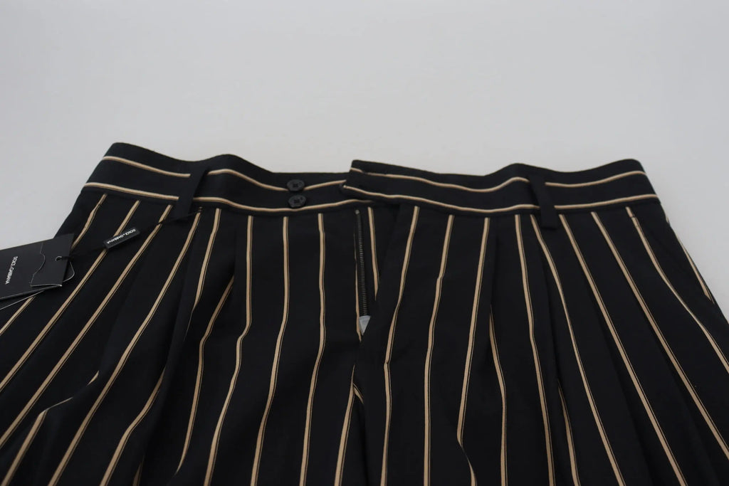 Pantalon dolce & gabbana noir en coton stretch rayé beige à plis avec ceinture assortie et rayures dorées verticales