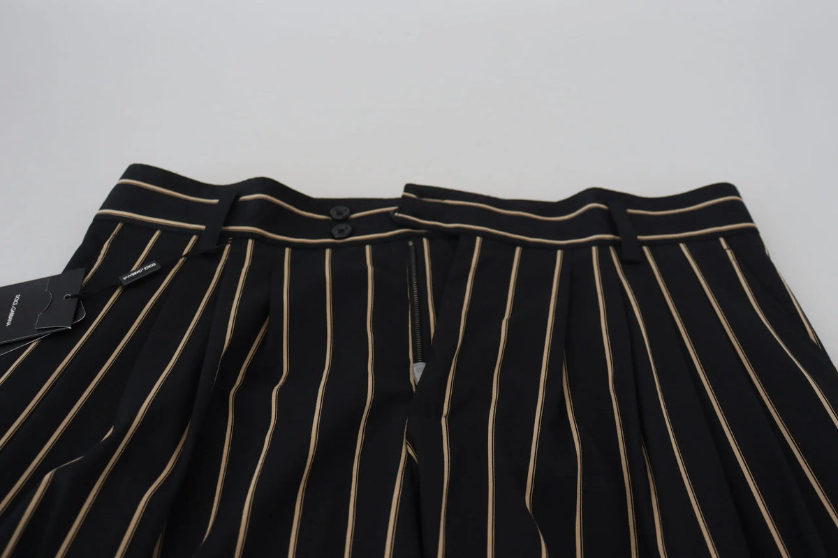 Pantalon dolce & gabbana noir en coton stretch rayé beige à plis avec ceinture assortie et rayures dorées verticales