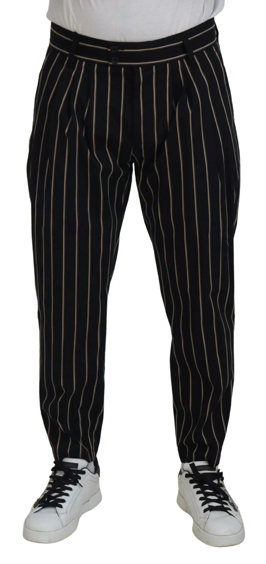 Pantalon dolce & gabbana noir beige en coton extensible rayé avec rayures fines blanches et taille plissée